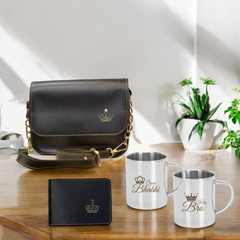 Rakshabandhan Gift Combo: Men's Wallet with Sling Bag & Couple Engraved Steel Mug Set.