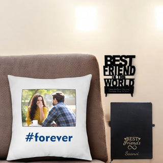 Friendship Day Combo: Satin Cushion, Acrylic Stand, & Engraved Leather Diary