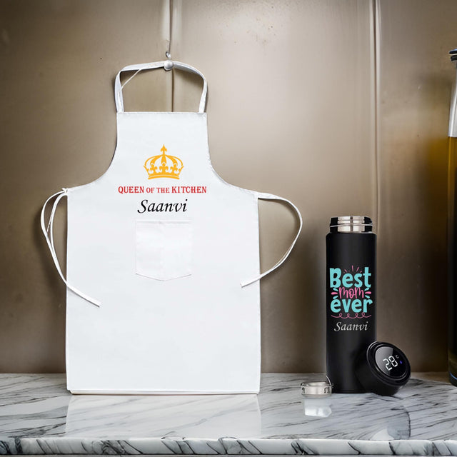 Mother's Day Set – Engraved 'Best Mom Ever' Bottle & Queen of Kitchen Apron