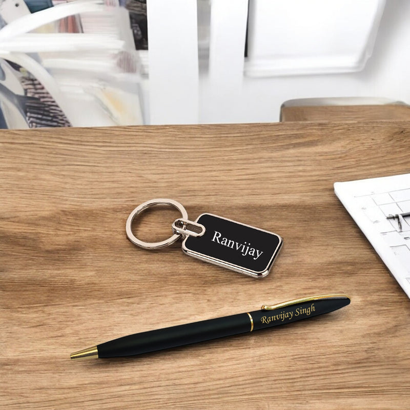 Teacher's Set: Custom Engraved Teacher Keychain & Black-Gold Pen.