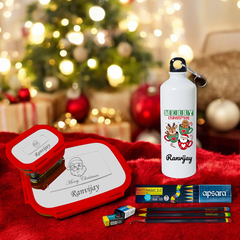 Christmas Gift Set - Pencils, Lunch Box & Bottle with Name & Design