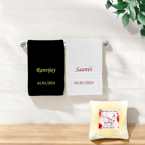 Valentine Gift Set – Personalized Couple Towel Set & LED Cushion with Photo