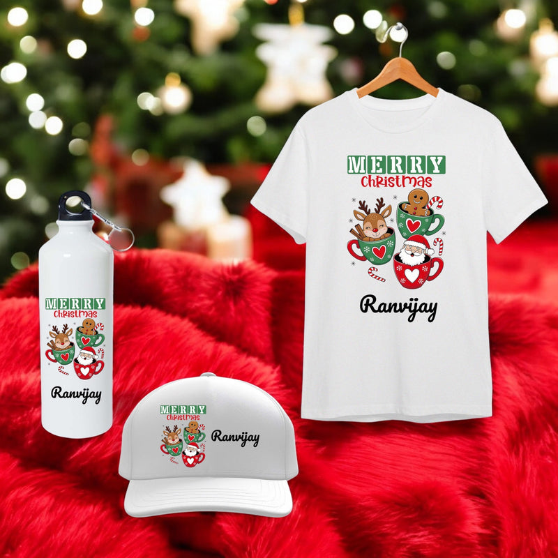 Personalized Christmas Set - T-Shirt, Cap & Bottle with Name & Design.