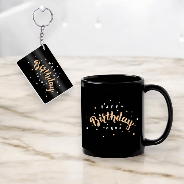 Black Ceramic Birthday Theme Mug & Keychain.