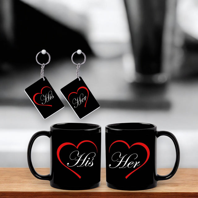 Anniversary Combo – Black Mugs & Keychain (Set of 2) with 'His & her' Design Printed.