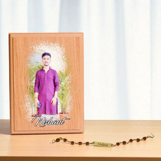 Personalized Rakhi Gift – Photo Printed Wooden Plaque + Name Engraved Rudraksh Rakhi.