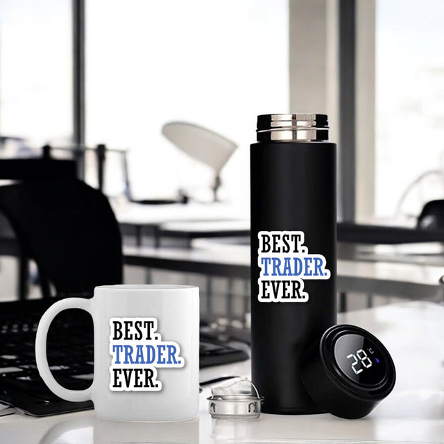 Trader Gift Set - Bottle & Mug with 'Best Trader Ever' Quote Printed.