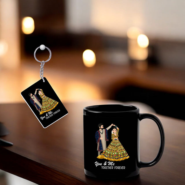 Black Mug & Keychain Set with Couple Caricature – Perfect Gift for Any Occasion