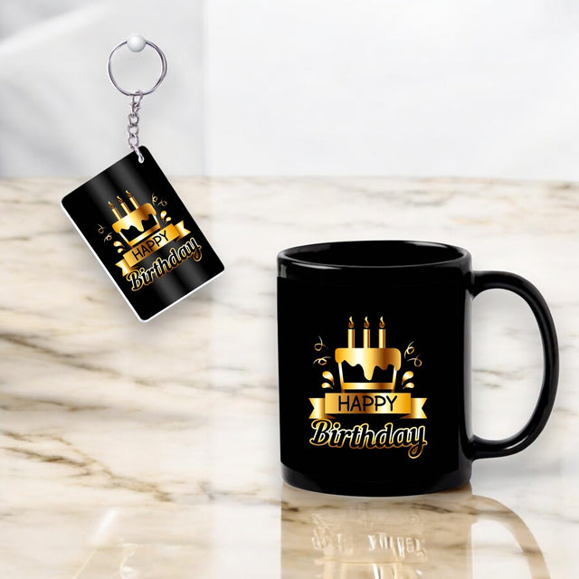 Black Ceramic Birthday Theme Mug & Keychain.