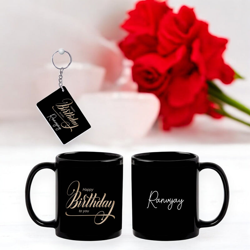 Birthday Gift Combo – Black Ceramic Coffee Mug & Acrylic Keychain  with 'Happy Birthday' Quote & Custom Name