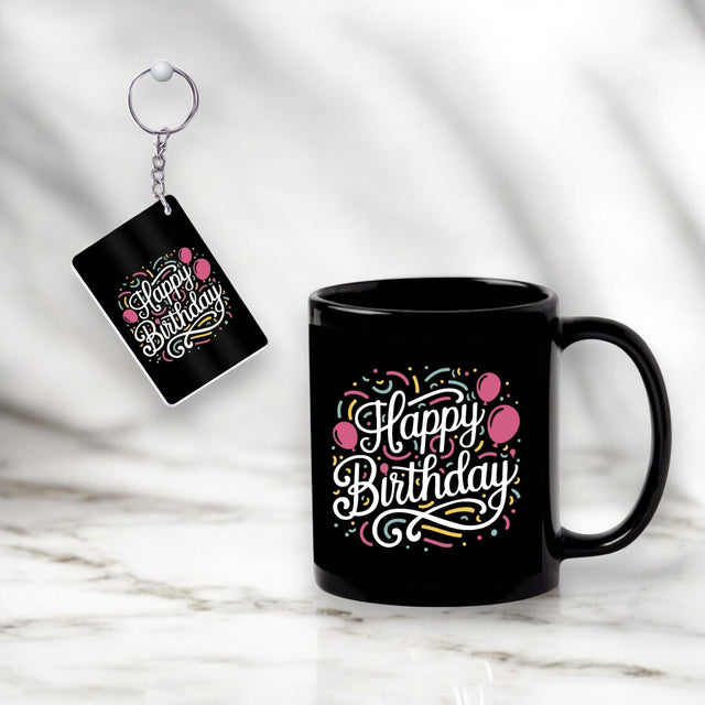 Black Ceramic Birthday Theme Mug & Keychain.