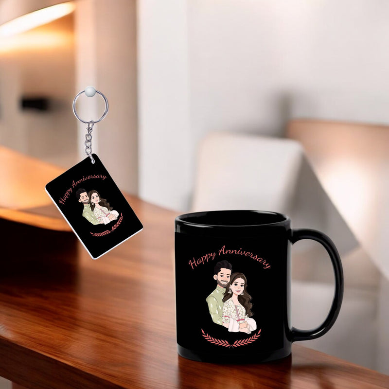 Black Mug & Keychain with 'Happy Anniversary' Quote & Couple Image.