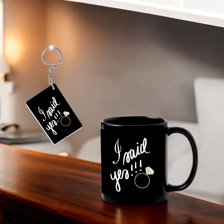 Black Big Mug & Keychain Combo – ‘I Said Yes’ Design Printed. Perfect Engagement Gift