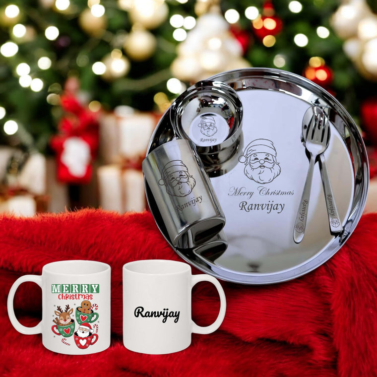 Christmas Gift Combo - Personalized Meal Set & Mug with Christmas Design.