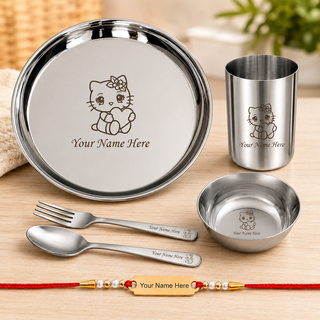 Customized Stainless Steel Kids Meal Set with Name Engraved Rakhi