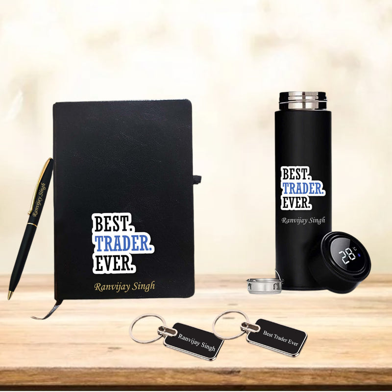 Trader Gift Set – Metal Keychain, Temperature Bottle, Slim Pen, and A5 Black Diary.