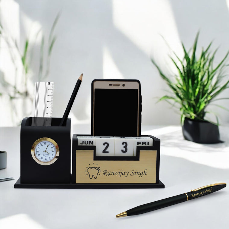 Dentist Professional's Desk Set- Black-Gold Slim Pen & Pen Stand with Date & Clock