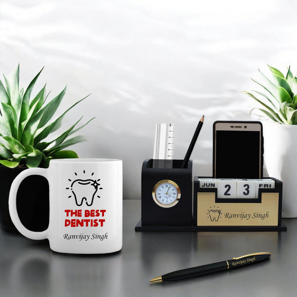 Dentist's Combo Set- Dentist Pen, Fiber Pen Stand with Watch & Ceramic Coffee Mug