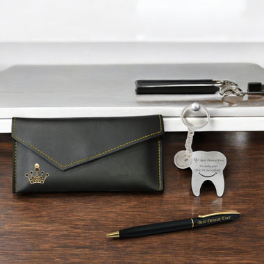 Elegant Dentist Gift Combo for Women – Keychain, Pen, and Leather Clutch.