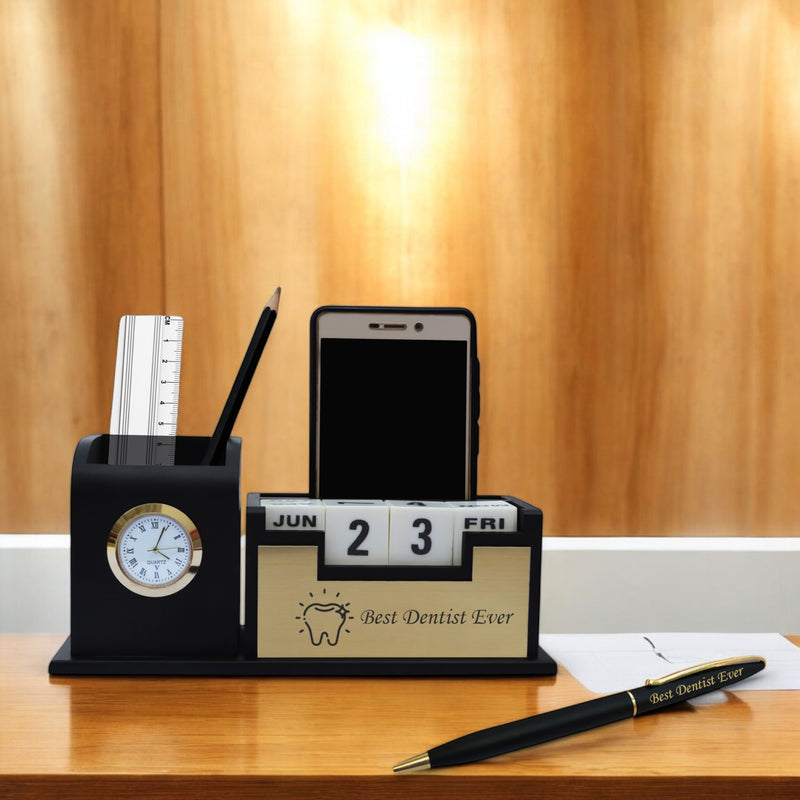 Black-Gold Pen & Pen Stand with ‘Best Dentist Ever’ Engraving – Perfect Gift for Dentists