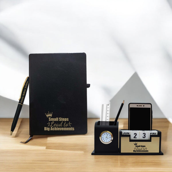 Premium Executive Corporate Set - Pen, Pen Stand, Black A5 Diary with Quote Engraved.