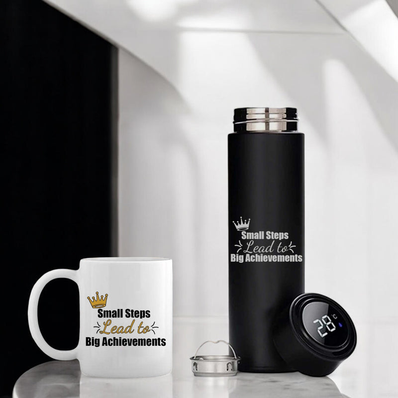 Corporate Gift Set - Bottle & Coffee Mug with 'Small Steps Lead to Big Achievements' Quote Engraving