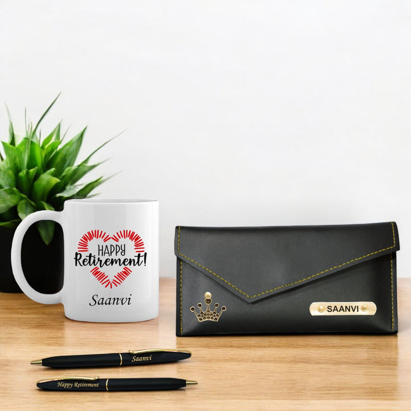 Retirement Gift for Her – Personalized Clutch, Mug, & Pen.