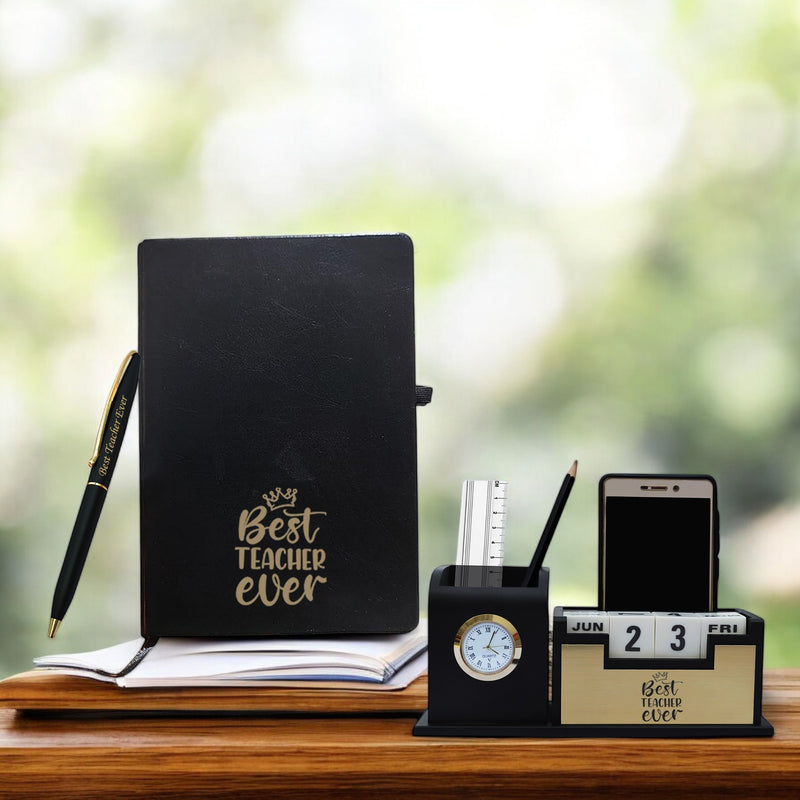 Teacher's Day Gift Set: Engraved Pen, Elegant Stand with Clock, & A5 Diary.