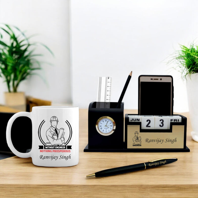 Engineer's Gift Combo - Engineering Pen, Pen Stand with Watch & Coffee Mug.