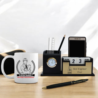 Engineer Gift Set – Engraved Pen Stand, Custom Pen & Engineer Theme Coffee Mug
