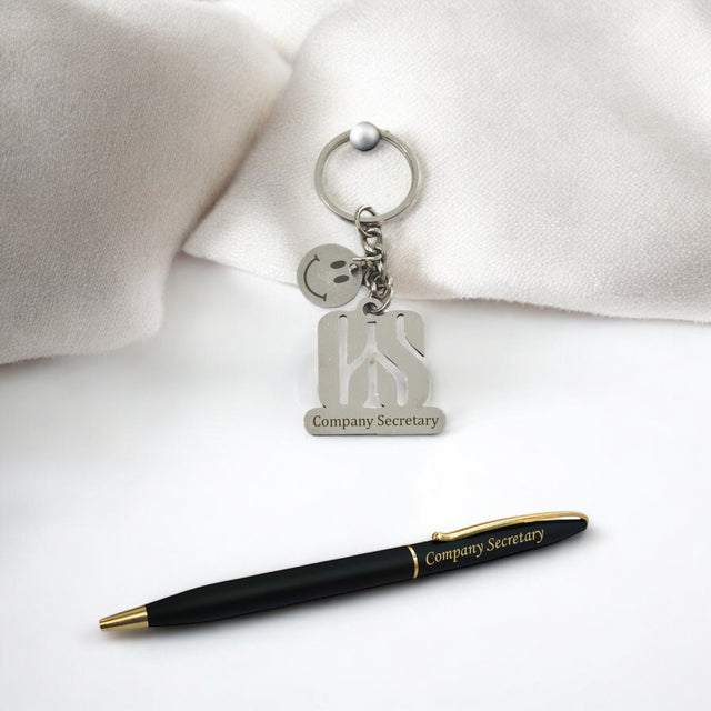 CS Combo - Keychain with Smiley Charm & Black-Gold Pen Engraved 'Company Secretary'