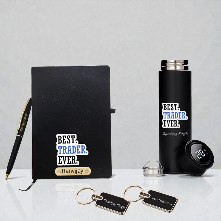 Customized Trader Gift Set – Metal Keychain, Temperature Bottle, Slim Pen, and A5 Black Diary.