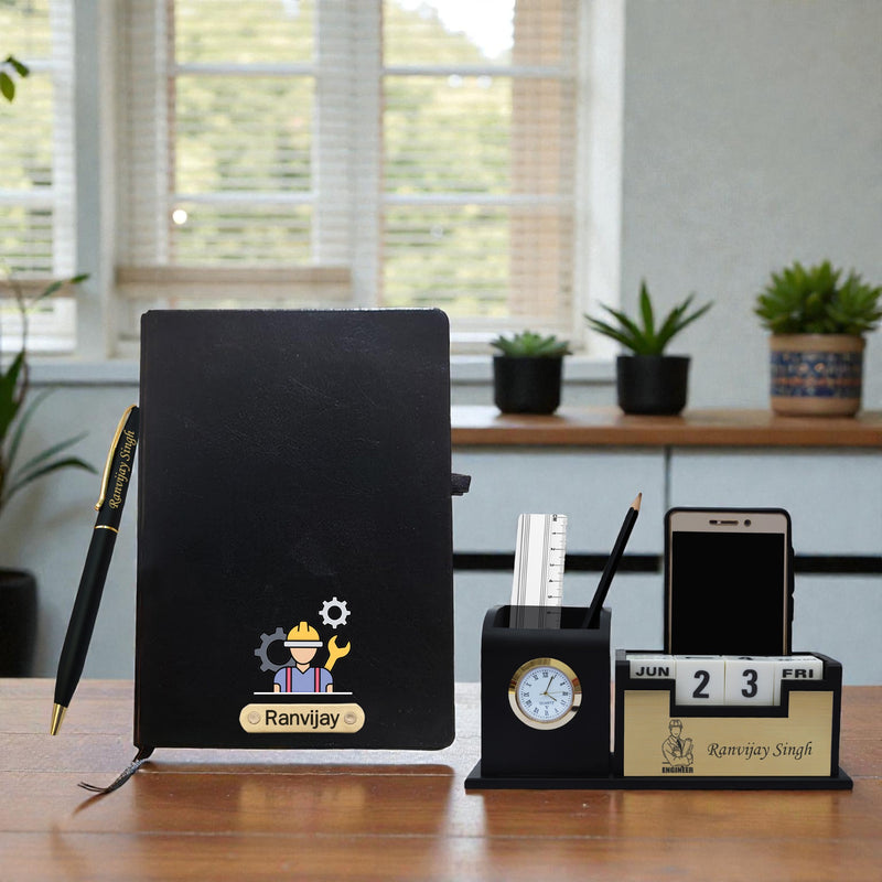 Customized Engineer's Combo Set-Slim Pen, Pen Stand with (Engineer Logo),& A5 Black Diary