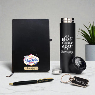 Customized Teacher Gift Set-Metal Keychain, Temp Black Bottle,Black-Gold Slim Pen,& A5 Black Diary.