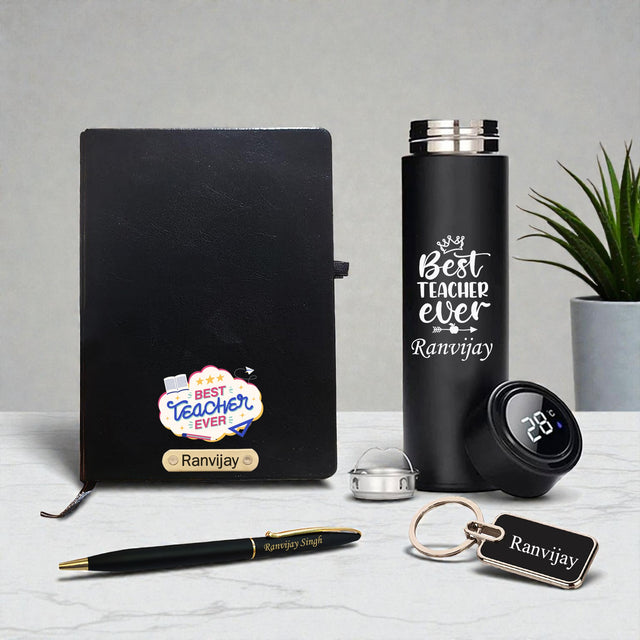 Customized Teacher Gift Set-Metal Keychain, Temp Black Bottle,Black-Gold Slim Pen,& A5 Black Diary.