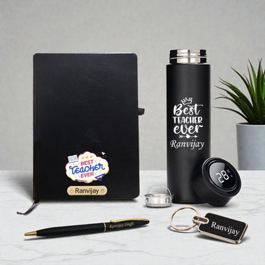 Customized Teacher Gift Set-Metal Keychain, Temp Black Bottle,Black-Gold Slim Pen,& A5 Black Diary.