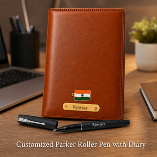 Customized Brown Diary & Branded Parker Roller Pen Gift Set with Name Engraved.