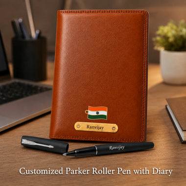 Customized Brown Diary & Branded Parker Roller Pen Gift Set with Name Engraved.