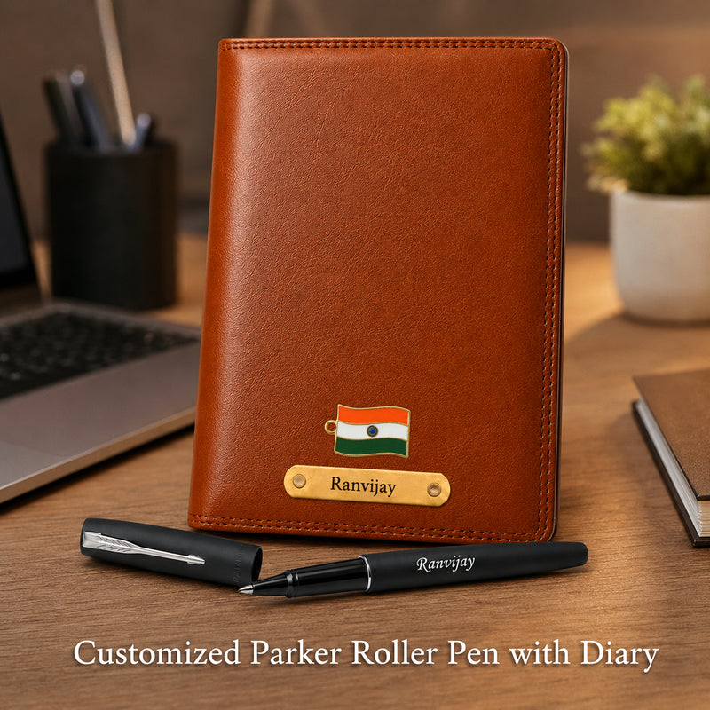 Customized Brown Diary & Branded Parker Roller Pen Gift Set with Name Engraved.