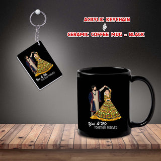 Black Mug & Keychain Set with Couple Caricature – Perfect Gift for Any Occasion