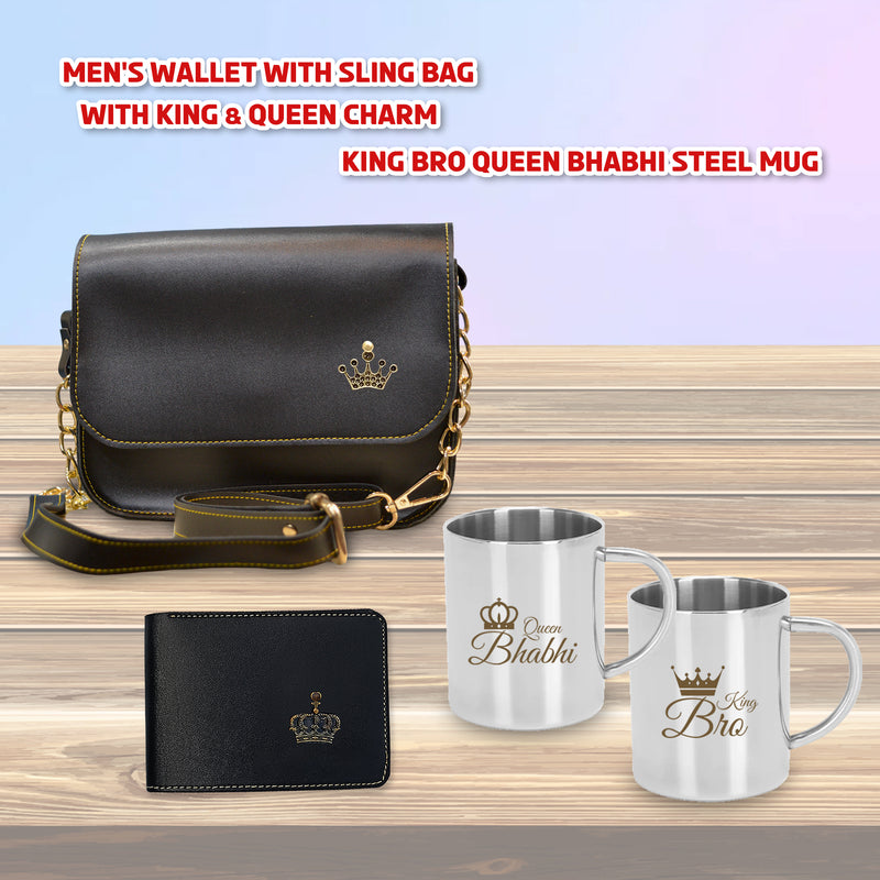 Rakshabandhan Gift Combo: Men's Wallet with Sling Bag & Couple Engraved Steel Mug Set.