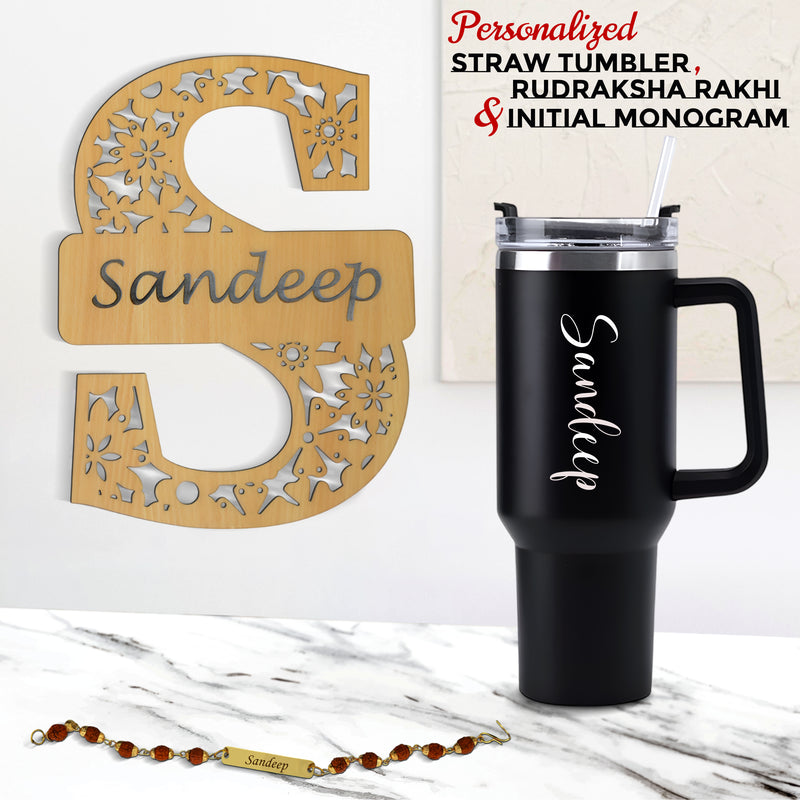 Rakhi Gift for Brother – Customized Straw Tumbler, Wooden Monogram Initial & Name‑Engraved Rudraksh Rakhi
