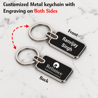 Black Metal Keychain with Name or Small Message Engraved On Front Side & Back Side Both.