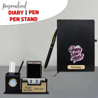 Customized New Year Gift Hamper - Brown Pen, Diary, and Pen Stand