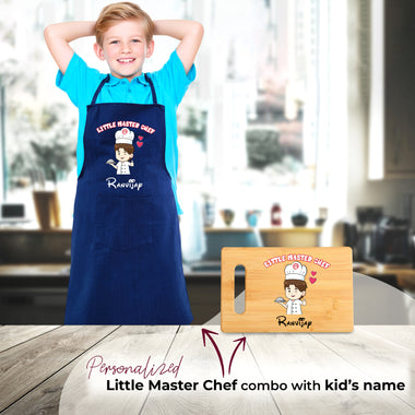 Customized Little Master Chef Gift Combo for Kids | Name Printed Apron & Wooden Board