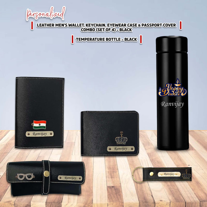 Diwali Gift Set – Wallet, Keychain, Eyewear Case & Passport Cover + Black Bottle.