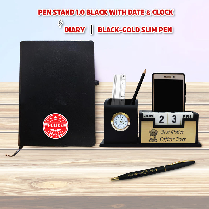 Police Combo - Pen & Diary with 'Best Police Officer Ever' Engraved, Pen Stand with Ashok Stambh Logo
