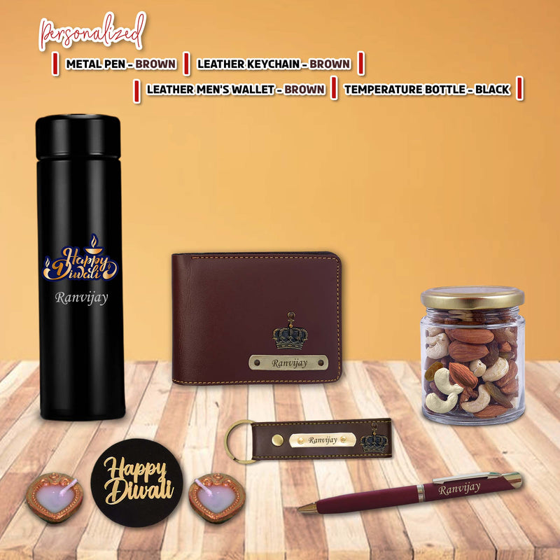 Diwali Gift Set for Men – Leather Wallet, Keychain, Bottle, Custom Pen With Dry Fruits & Diyas.