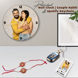 Rakshabandhan Gift – Custom Spotify Photo Keychain, Photo Wall Clock & Traditional Bhaiya‑Bhabhi Rakhi