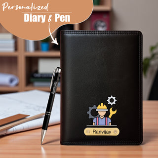 Customized Black Leather Diary with Coloured Engineer Logo & Name Engraved Pen.